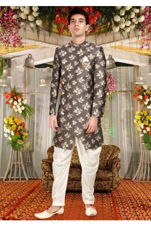 Gray With White Color Art Silk Fabric Indo Western